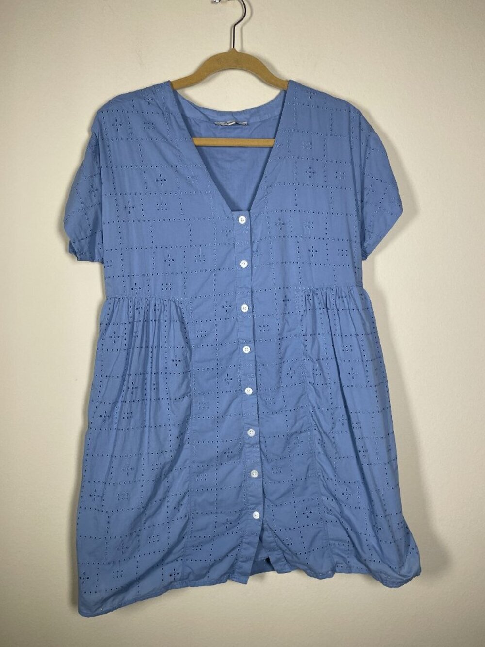 Madewell Dress Women's M Blue Eyelet Embroidered Shirt Short Sleeve Trapeze!